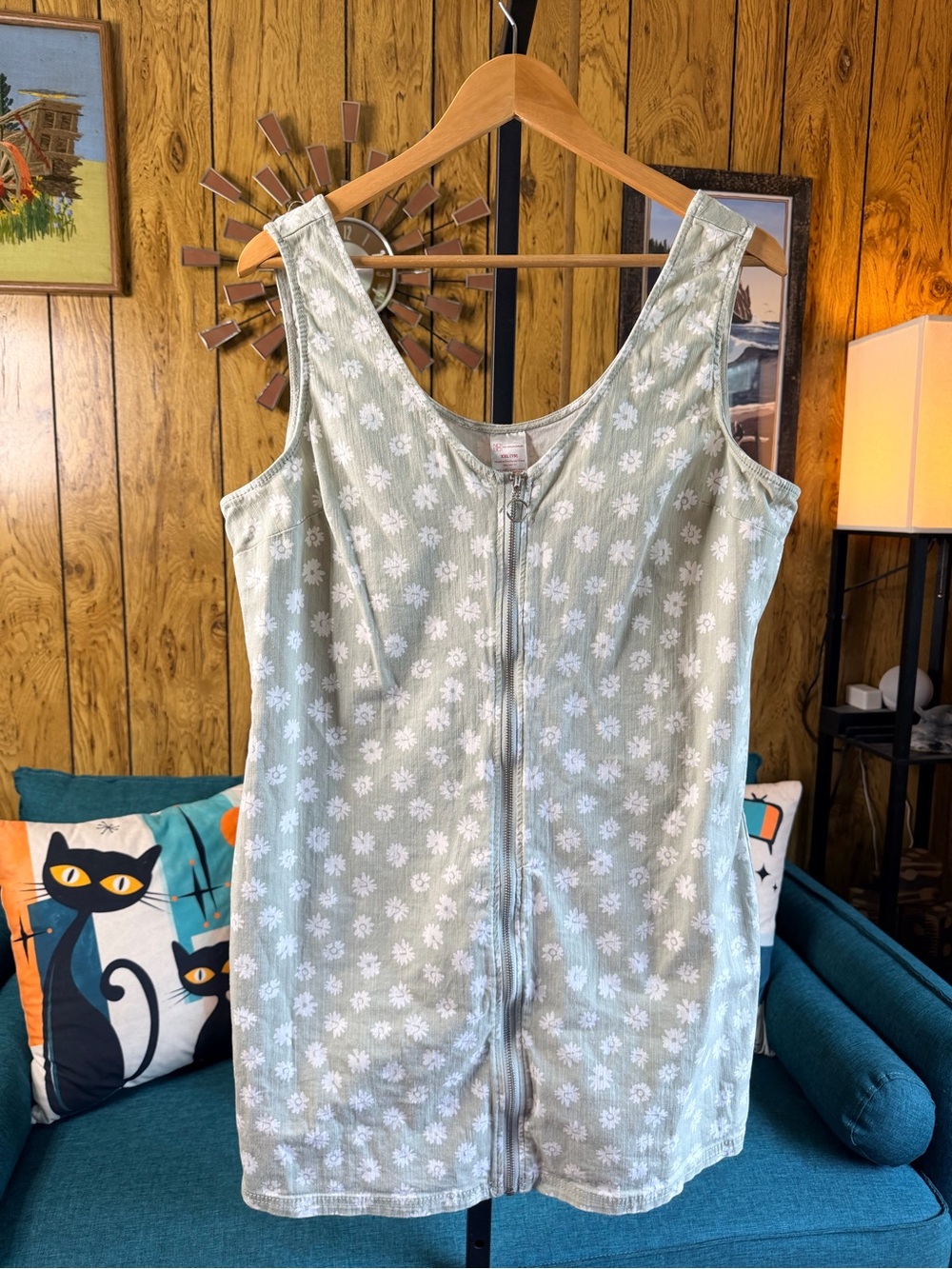 No Boundaries Sage Green Sleeveless Daisy Print Mini Dress